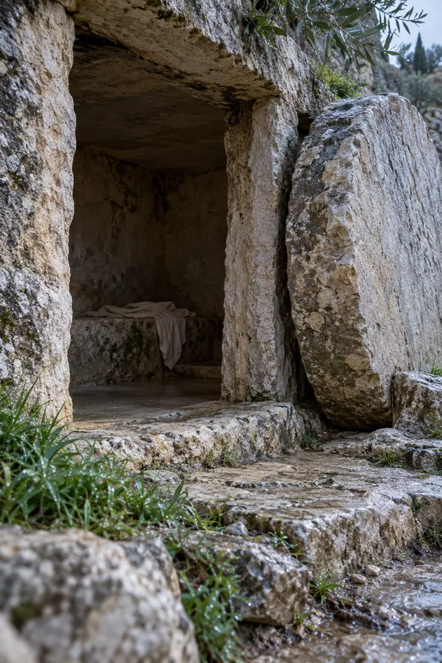 Sepulcro vazio com pedra circular afastada, tecido claro no interior e vegetação sob a luz suave da alvorada.