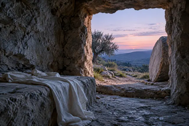 Interior de sepulcro vazio com tecido branco, pedra removida e vista para colinas e oliveira ao amanhecer.