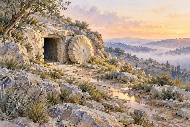 Aquarela de sepulcro vazio com pedra afastada, oliveira e caminho com poças ao amanhecer, diante de colinas com névoa.