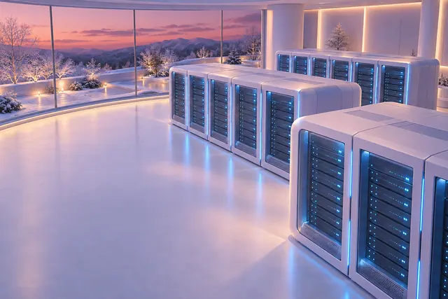 Sala de servidores com luzes azuis e janelas voltadas para árvores nevadas e montanhas ao entardecer.