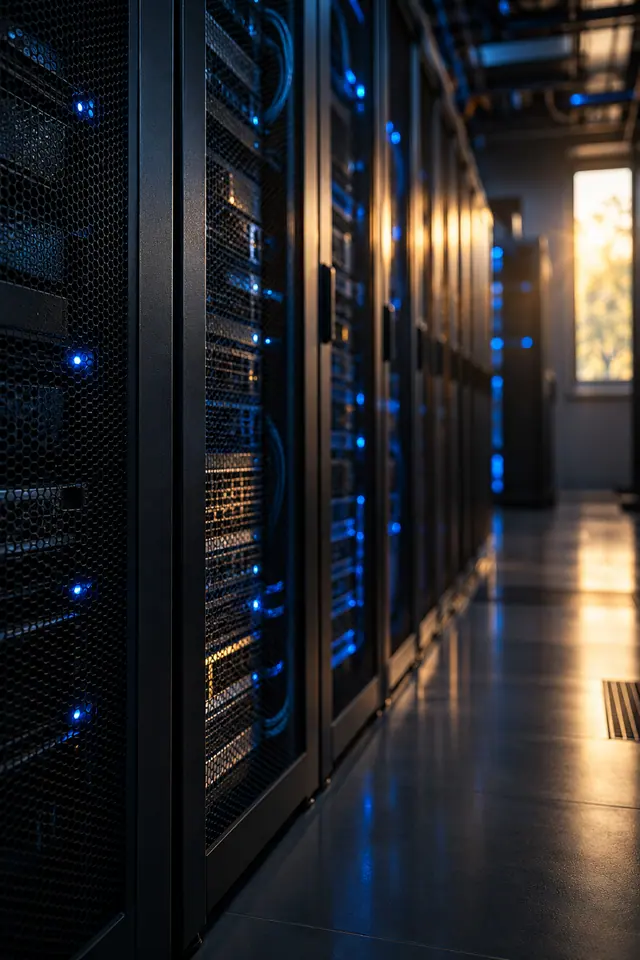 Racks de servidores com luzes azuis e portas perfuradas recebem luz dourada de uma janela, refletida no piso escuro.