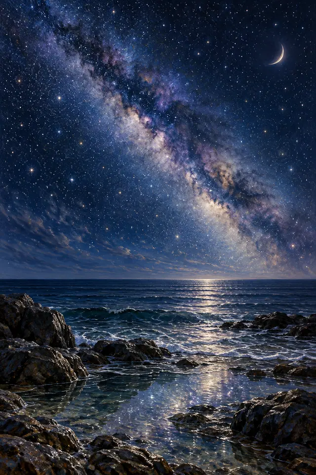 Pintura de mar sereno entre rochas, com reflexos prateados sob a Via Láctea e uma lua fina no céu estrelado.