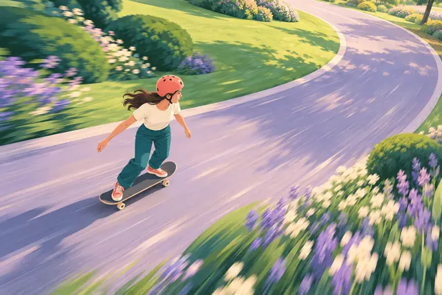 Skatista de capacete coral em caminho lilás sinuoso, entre gramados e flores com desfoque de movimento.
