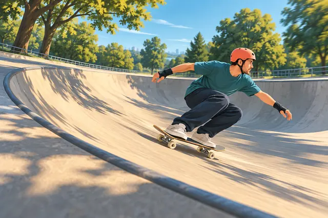 Skatista de capacete coral faz curva em pista de concreto num parque arborizado, sob a luz da manhã.