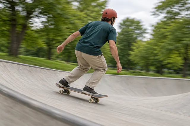 Skatista de capacete terracota em pista de concreto, com árvores ao fundo desfocadas pelo movimento.
