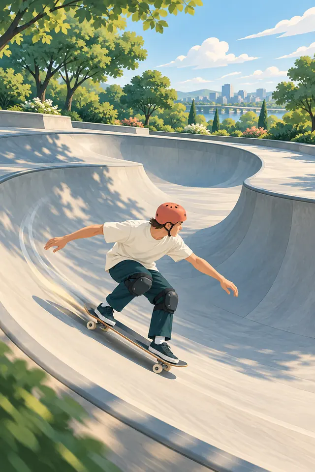Skatista de capacete coral faz uma curva em pista de concreto, com árvores e prédios ao fundo sob céu azul.