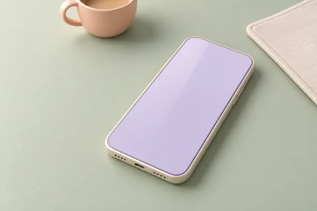 Smartphone com tela lilás vazia sobre mesa verde, com xícara pêssego e tecido creme em renderização 3D.