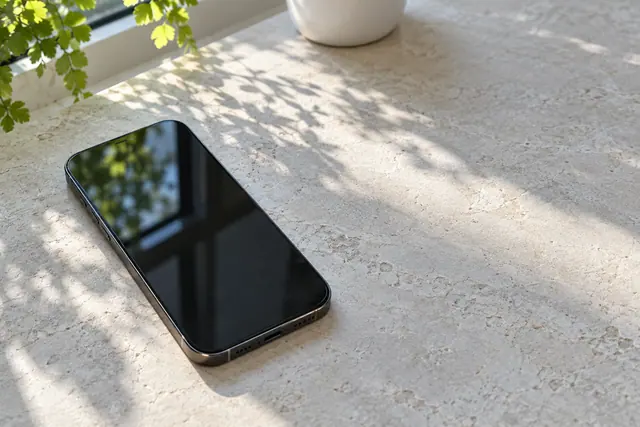 Smartphone com tela apagada sobre mesa de pedra clara, com reflexos da janela e sombras de folhas.