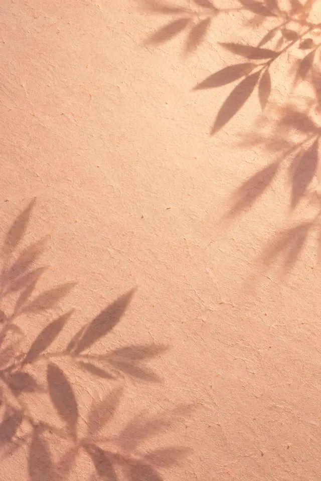Sombras de folhas alongadas sobre papel texturizado em tom de pêssego, com luz suave e espaço livre ao centro.