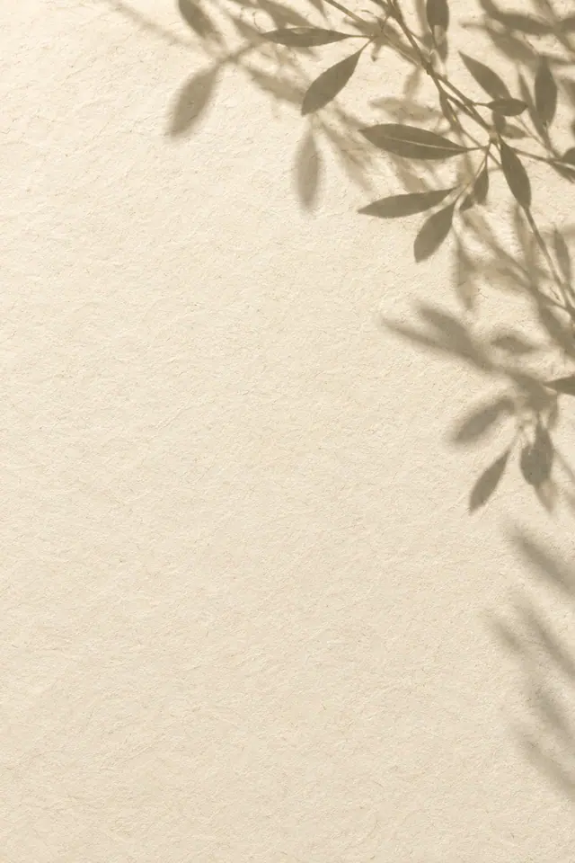 Sombras de folhas e ramos sobre papel marfim texturizado, com luz suave e amplo espaço livre.