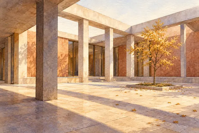 Aquarela de pátio moderno com colunas claras, sombras longas e uma árvore de folhas douradas.
