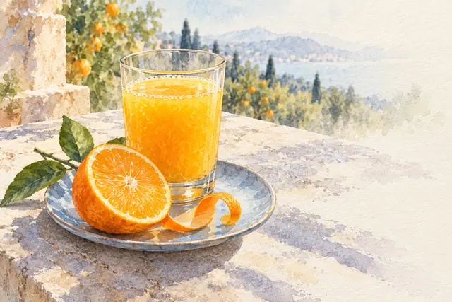 Aquarela de suco de laranja em copo sobre prato azul, com meia laranja e folhas em terraço iluminado.