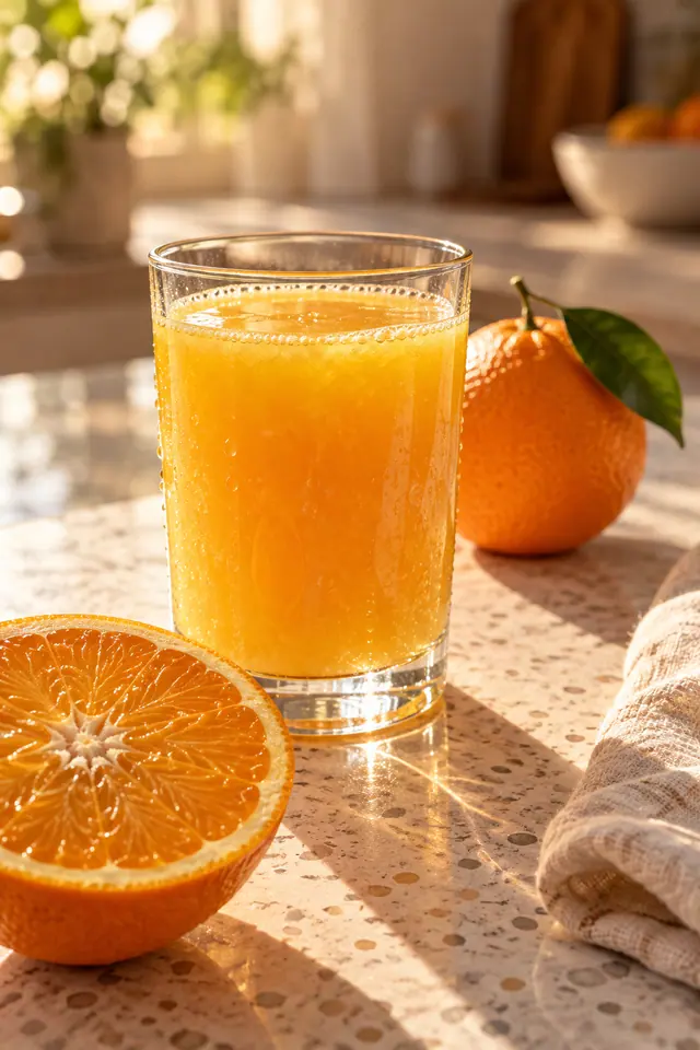 Copo de suco de laranja com gotas, laranja cortada e fruta inteira sobre bancada iluminada pelo sol.