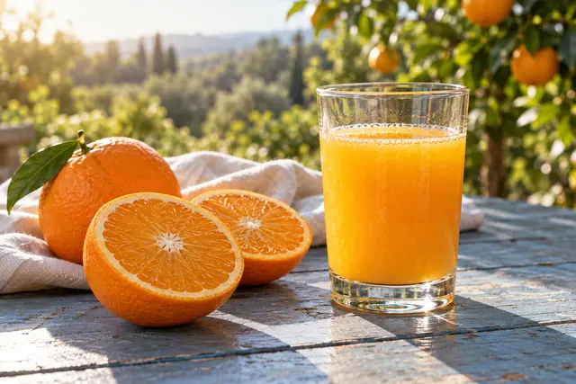 Copo de suco de laranja e frutas cortadas sobre mesa azul, com pano claro e jardim ao fundo na luz da manhã.