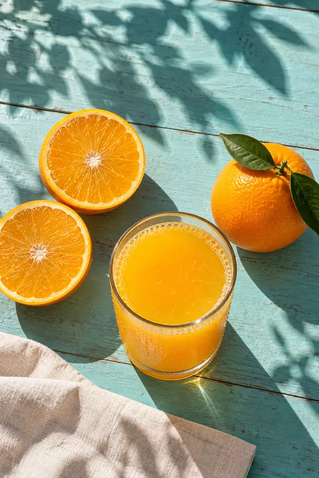 Copo de suco de laranja com frutas e tecido claro sobre mesa turquesa iluminada pelo sol e sombras de folhas.