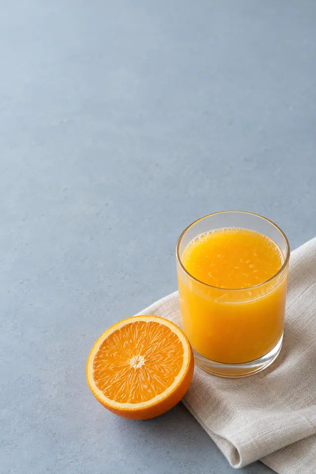 Copo de suco de laranja e meia laranja sobre linho claro em mesa azul acinzentada, com amplo espaço vazio.