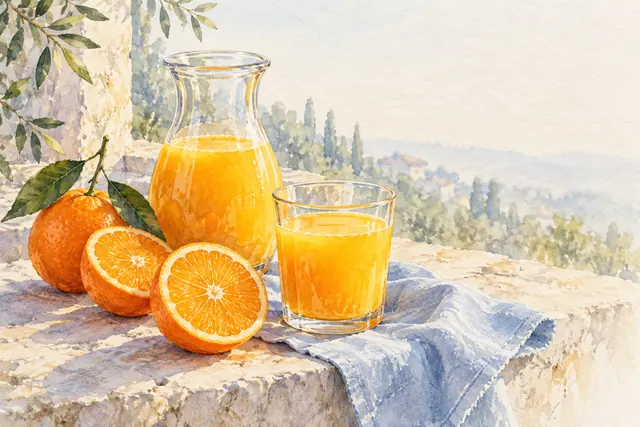 Aquarela de jarra e copo com suco de laranja, frutas cortadas e tecido azul sobre uma mureta de pedra.