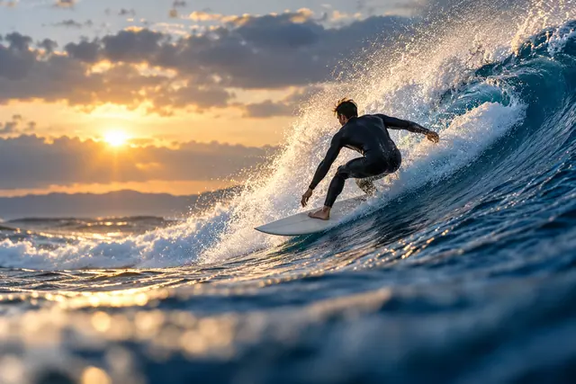 Surfista de roupa preta em prancha branca percorre onda azul com gotas iluminadas pelo sol do amanhecer.