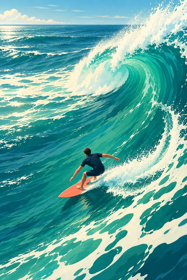 Surfista de roupa azul em prancha coral descendo uma grande onda verde com espuma branca em mar aberto.
