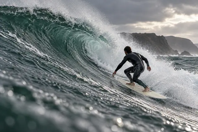Surfista de roupa preta sobre prancha clara em onda verde-escura, com espuma, falésias e céu nublado ao fundo.