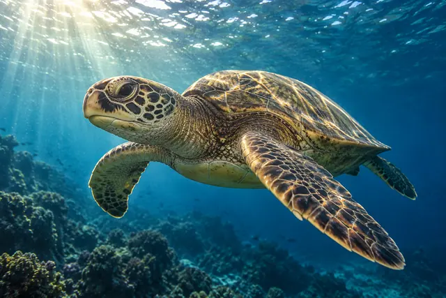Tartaruga marinha nadando sobre um recife em águas azuis, iluminada por raios de sol vindos da superfície.
