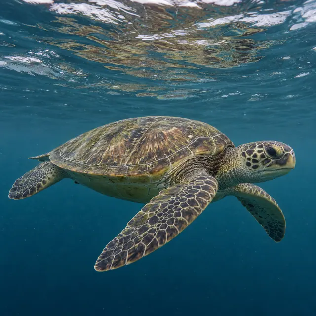 Tartaruga-marinha em águas azuladas, com nadadeiras abertas e reflexos na superfície acima.