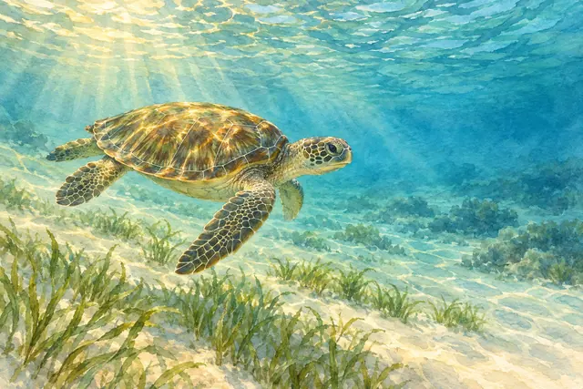 Tartaruga-marinha em aquarela nada sobre areia e plantas submersas, iluminada por raios de sol em águas turquesas.