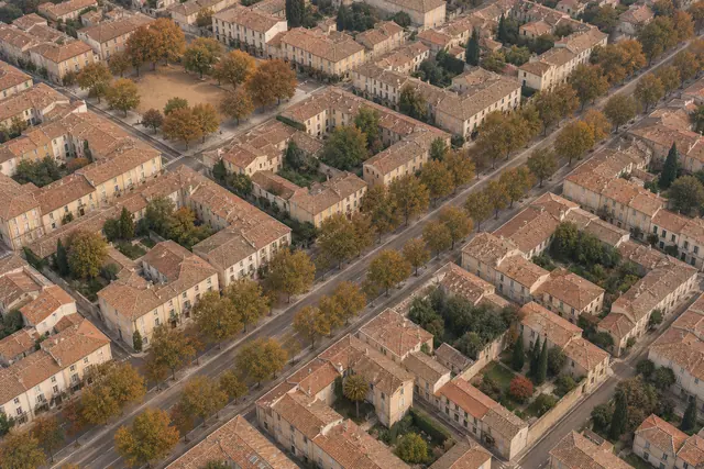Vista aérea de quarteirões com telhados de terracota, pátios verdes e avenida arborizada em tons de outono.