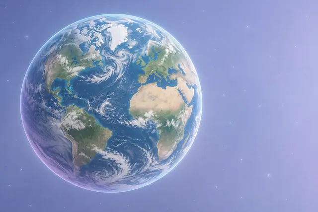 Terra com oceanos azuis, continentes e nuvens brancas sobre fundo lilás com estrelas e espaço livre à direita.