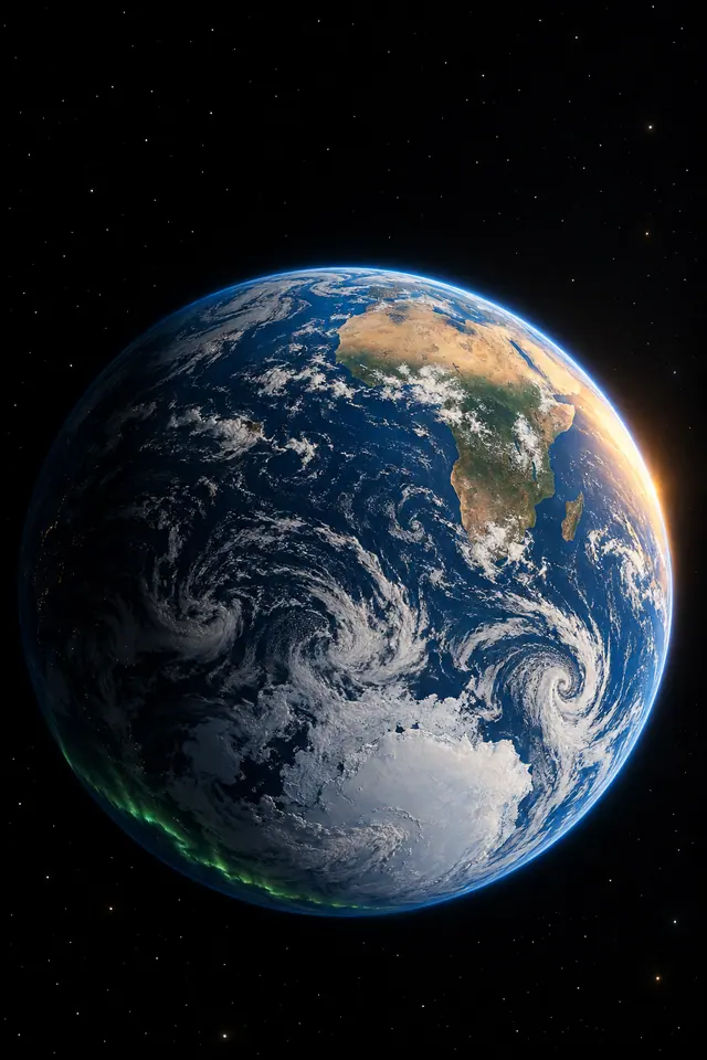 Terra vista do espaço com África e Antártida, nuvens sobre oceanos, luz dourada à direita e aurora verde ao sul.