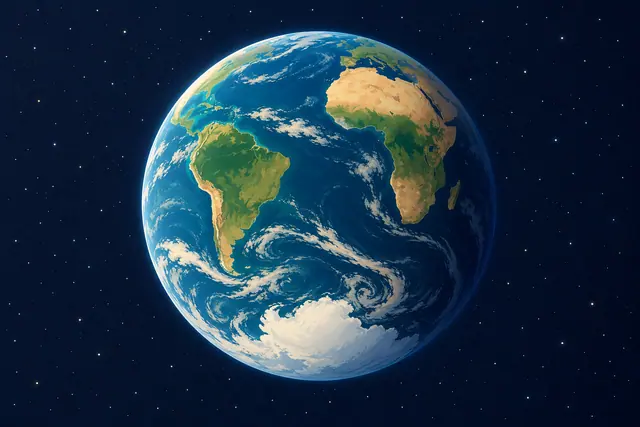 Ilustração da Terra no espaço estrelado, com América do Sul, África, oceano Atlântico e Antártida em destaque.