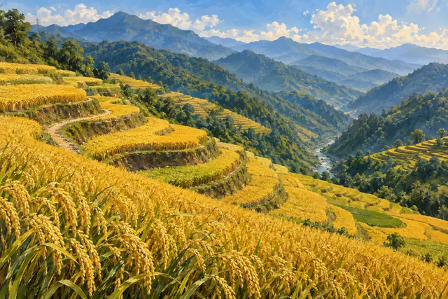 Pintura de terraços de arroz dourado nas encostas, com rio no vale e montanhas sob um céu azul com nuvens.