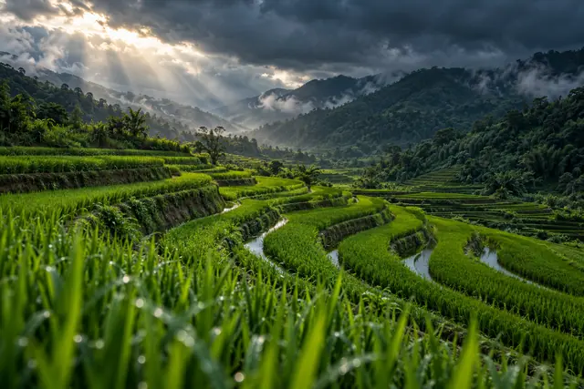 Terraços de arroz verde entre montanhas com neblina, iluminados por raios de sol sob nuvens escuras.