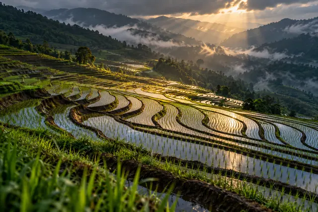 Terraços de arroz alagados refletem raios de sol entre montanhas verdes e faixas de névoa.