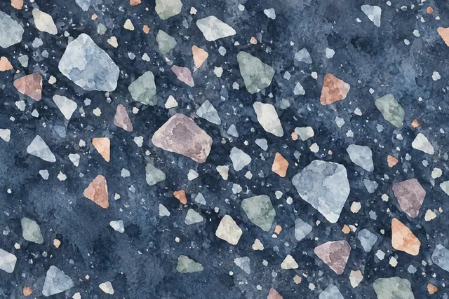 Padrão terrazzo em aquarela com fundo azul profundo e fragmentos irregulares em cores pastel.