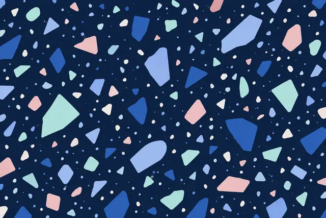 Padrão terrazzo sobre fundo azul-marinho com fragmentos azuis, lilás, verde-menta, rosa e brancos.