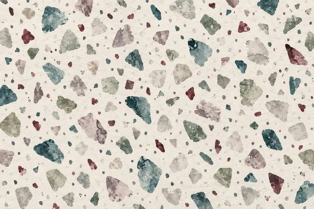 Padrão terrazzo em aquarela com fragmentos verdes, cinzas, malva e vinho sobre papel marfim texturizado.