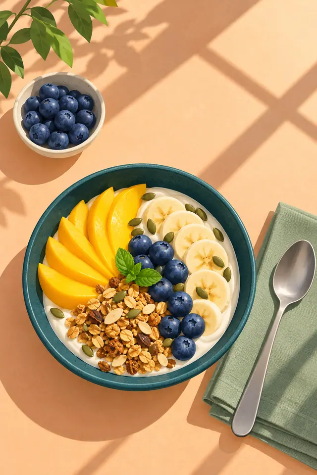 Tigela verde com iogurte, frutas e granola sobre mesa iluminada pelo sol, ao lado de colher e guardanapo.