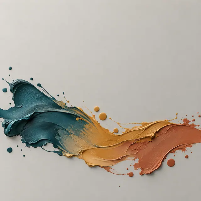 Faixa de tinta azul-petróleo, ocre e terracota com respingos sobre fundo cinza-claro e amplo espaço livre.