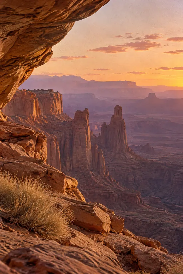 Cânion com torres de arenito ao pôr do sol, visto sob uma saliência rochosa, com capim seco em primeiro plano.