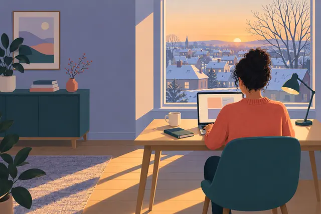 Mulher de costas trabalhando no notebook em casa, diante de uma janela com telhados nevados e luz do amanhecer.