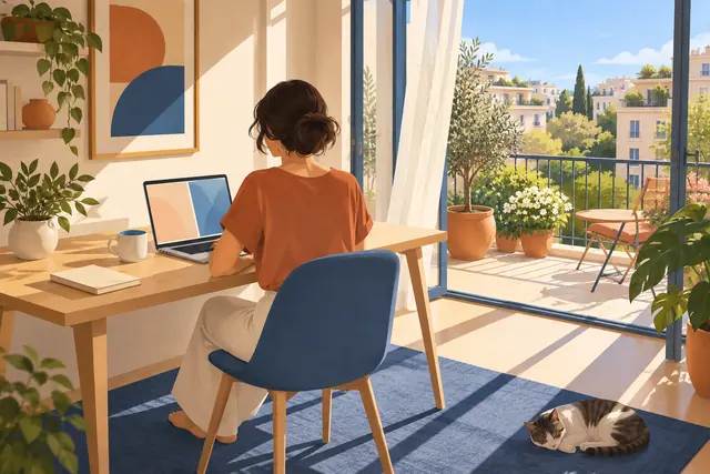 Mulher de costas trabalha no notebook perto de uma varanda ensolarada, com plantas e um gato no tapete azul.