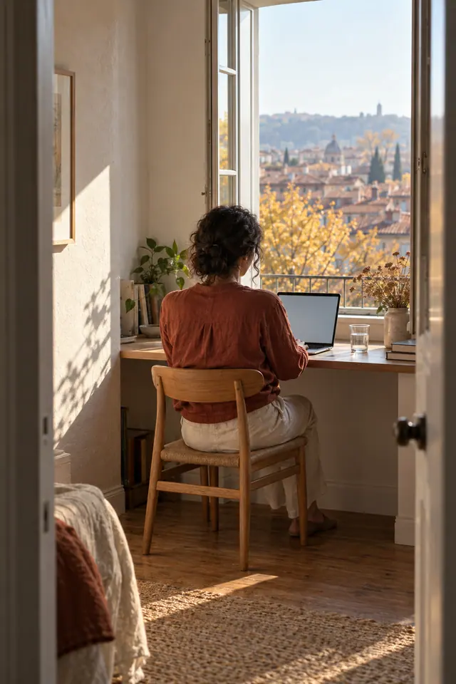 Mulher de costas trabalha no notebook junto à janela, com luz da manhã e vista para telhados e árvores de outono.