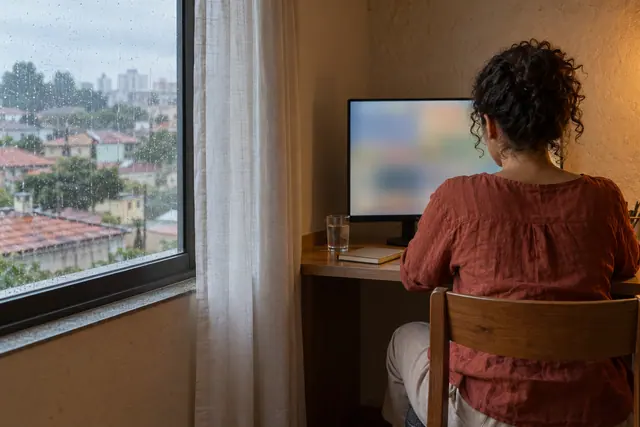Mulher vista de costas trabalha ao computador junto à janela com gotas de chuva e vista para telhados.