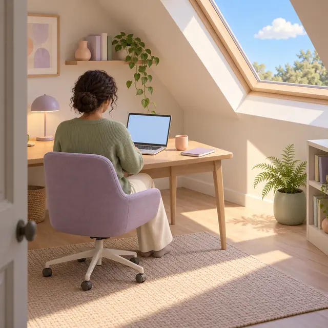 Mulher de costas trabalha no notebook em escritório com cadeira lilás, plantas e luz entrando pela claraboia.