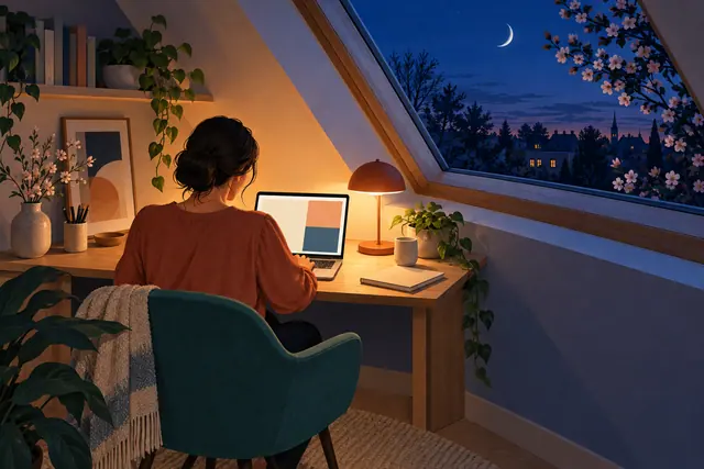 Mulher de costas trabalha no notebook em um sótão com plantas, sob a luz do abajur e da lua na janela.