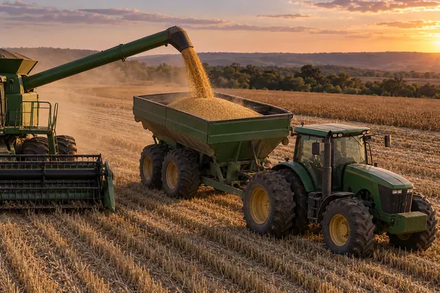 Colheitadeira despeja soja em carreta puxada por trator verde, com lavoura e colinas sob a luz do entardecer.