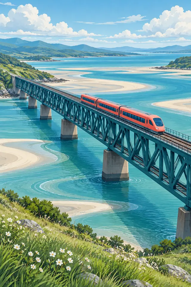 Trem coral atravessa ponte metálica sobre estuário turquesa, com bancos de areia, colinas e flores brancas.