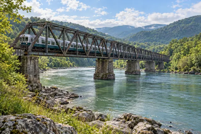 Trem prateado atravessa ponte de aço sobre rio esverdeado entre montanhas arborizadas, sob céu azul com nuvens.