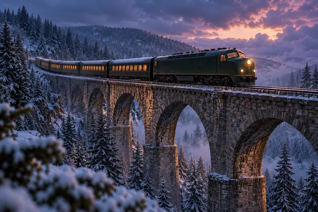 Trem verde com janelas iluminadas cruza viaduto de pedra sobre floresta nevada ao entardecer.